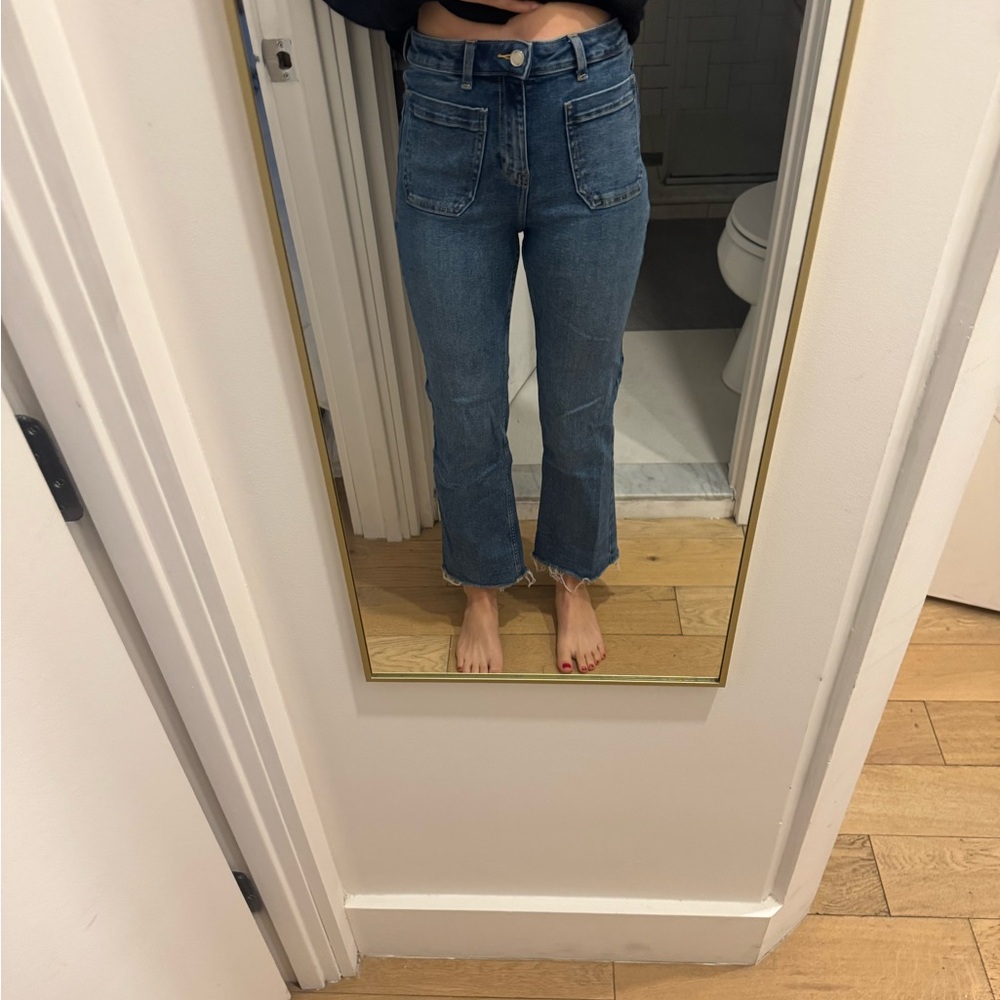Zara Medium Blue High-Rise Cropped Jeans with Front Patch Pockets